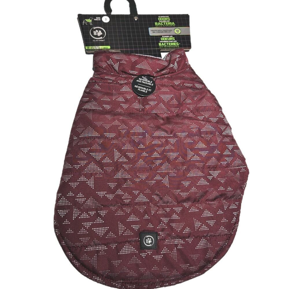 Silver Paw Dog Coat/Jacket SMALL Maroon Grey Antimicrobial Reversible Packable